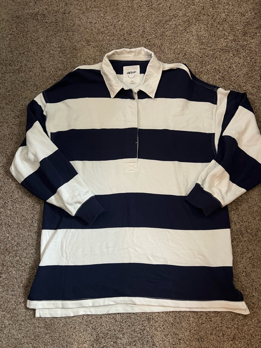 aerie Navy and White Striped Crewneck Rugby Sweater